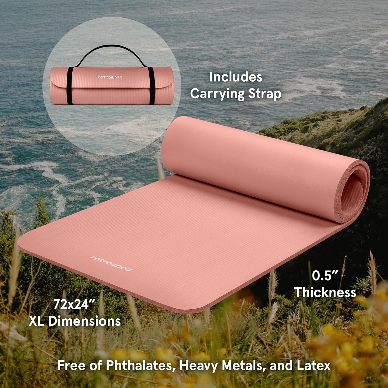 Solana Yoga Mat 1/2" Thick W/Nylon Strap for Men & Women - Non Slip Exercise Mat for Yoga, Pilates, Stretching, Floor & Fitness Workouts