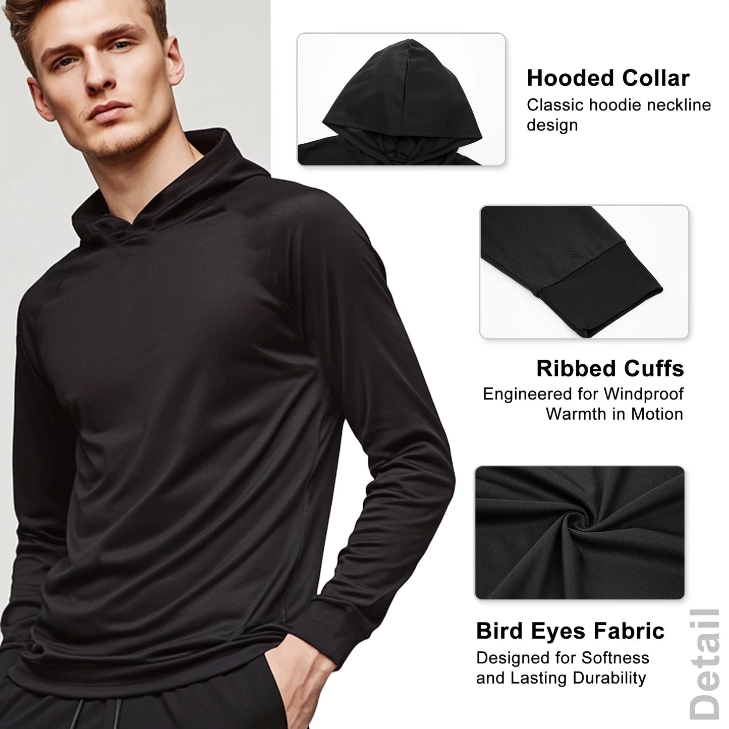 High Visibility Sun Protection Lightweight Long Sleeve Hoodie, UPF 50+ Quick-Dry, SPF UV Shirt, Active Wear - Black, Small