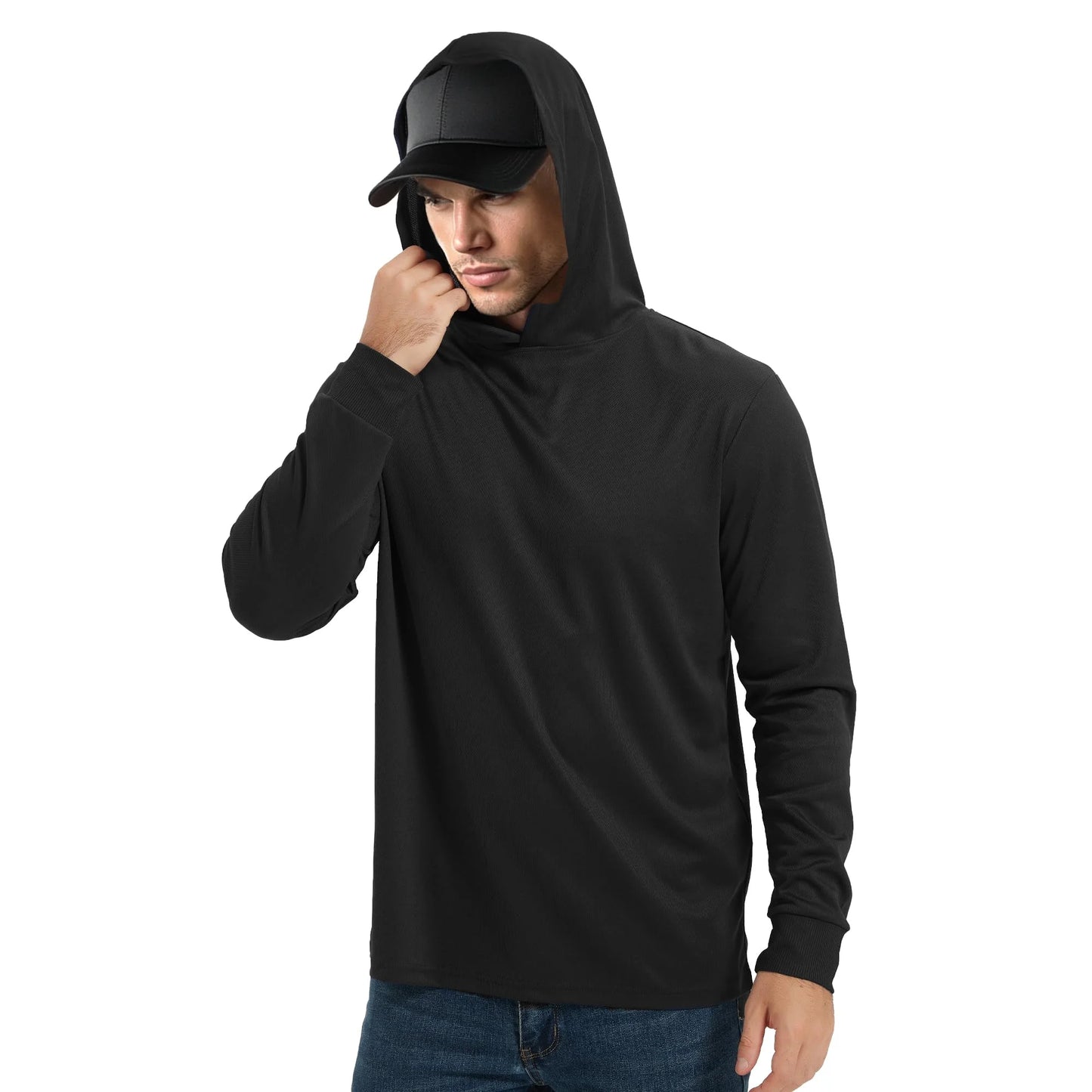 High Visibility Sun Protection Lightweight Long Sleeve Hoodie, UPF 50+ Quick-Dry, SPF UV Shirt, Active Wear - Black, Small